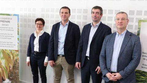 Unéal est la première coopérative céréalière en France à lancer une politique commerciale adaptée à l’évolution de la réglementation. De gauche à droite, Anne Vandenbossche et Laurent Bué, vice-présidents, Bertrand Hernu, président, et Cédric Cogniez, directeur. © B. CAILLIEZ